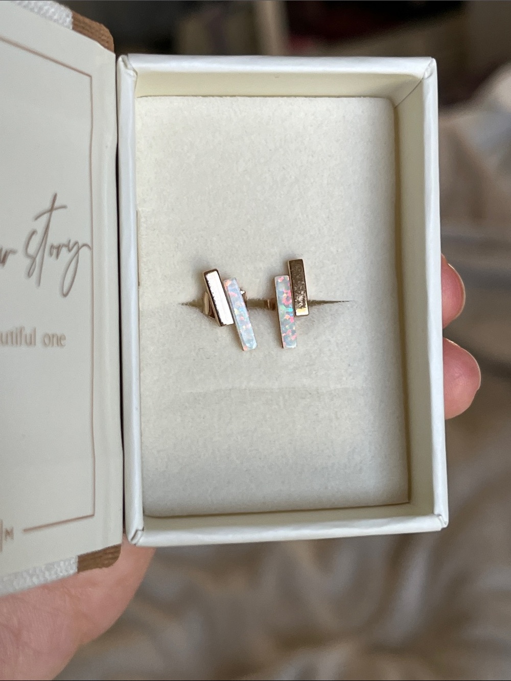 Gold Bar Opal Inlay Stud Earrings - Iridescent Pink White